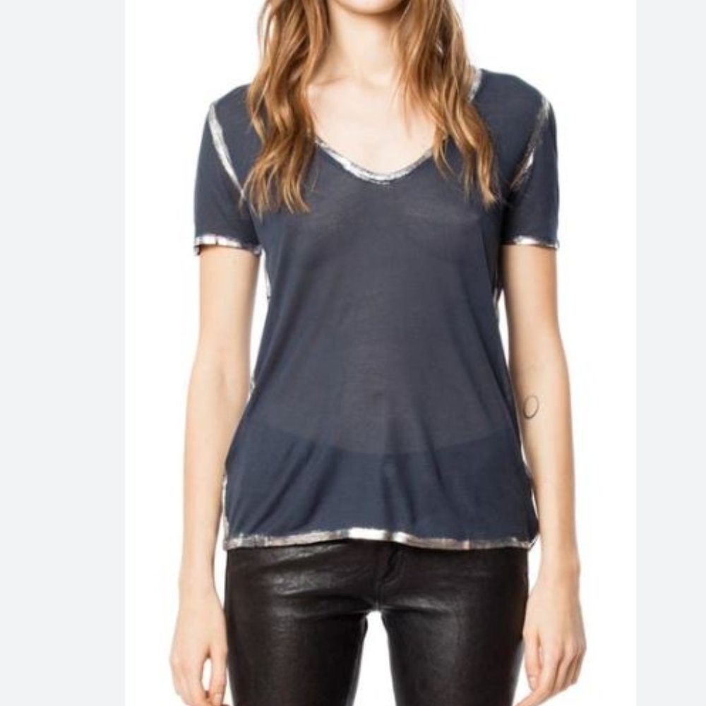 ModeSens Zadig & Voltaire Tino Silver Foil V-neck Short-sleeve Modal Tee In Mar